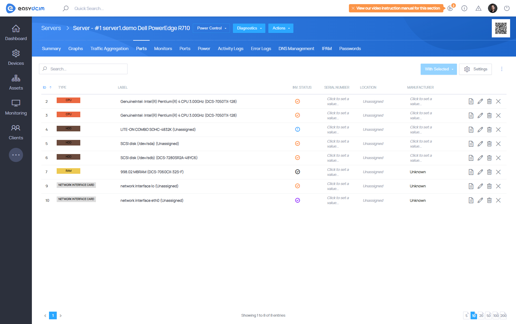 Assigning Parts: Servers - EasyDCIM Documentation