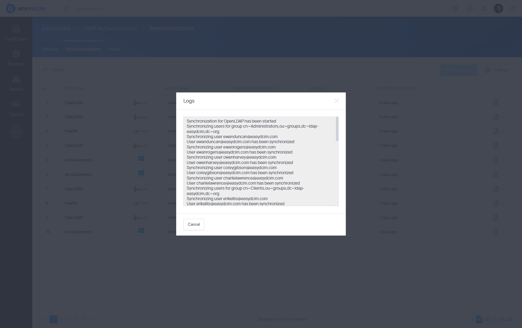 LDAP Authentication: Synchronization Log Records - EasyDCIM Documentation