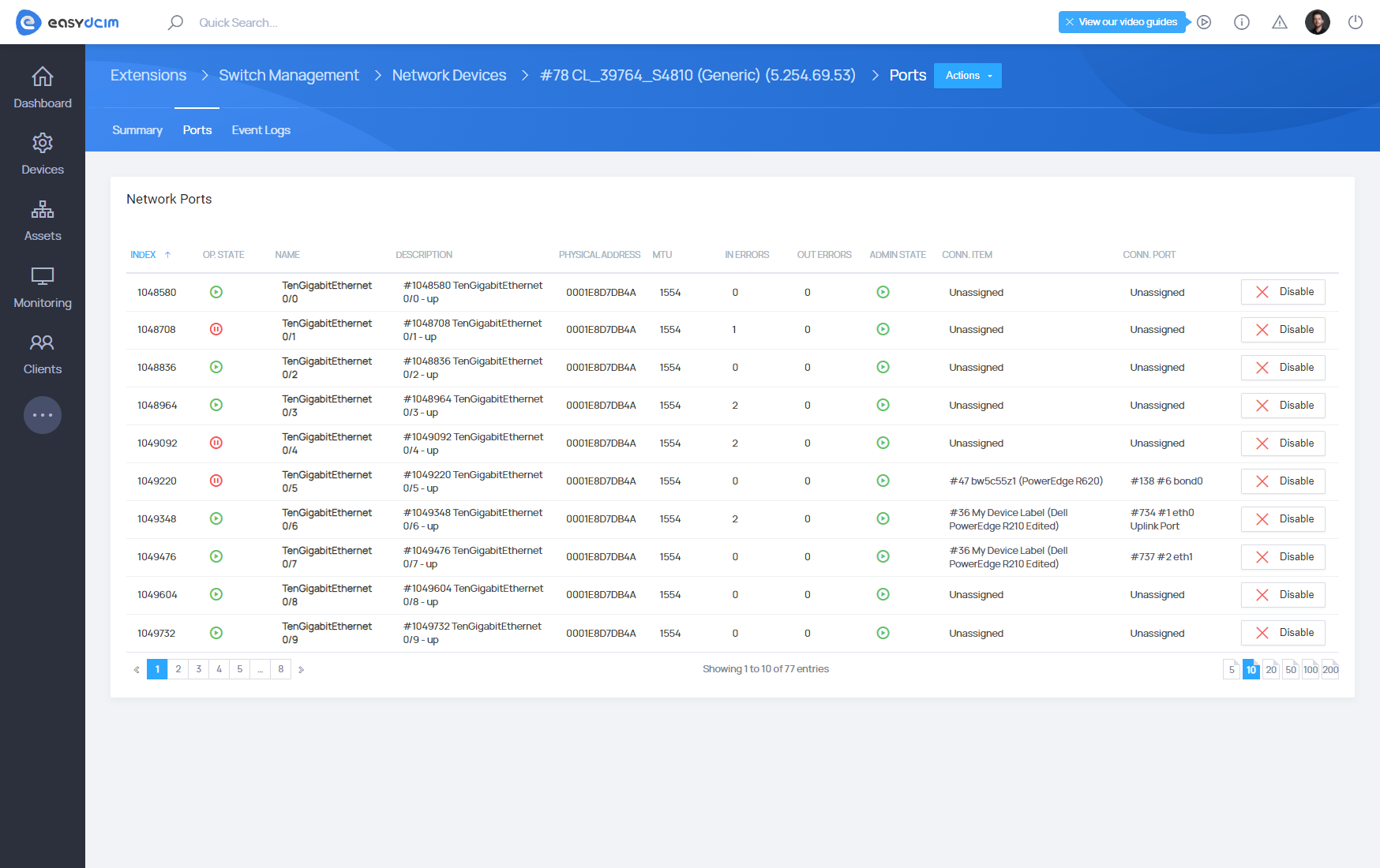 Switch Management: Device Network Ports - EasyDCIM Documentation