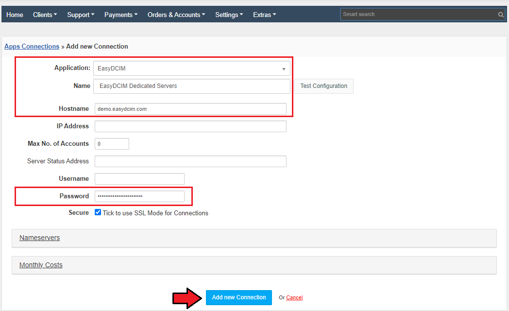 Creating New Connection: HostBill Dedicated Servers Module - EasyDCIM Documentation