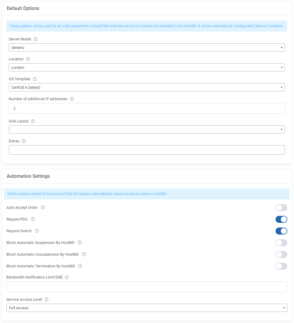 Product Settings: HostBill Dedicated Servers Module - EasyDCIM Documentation