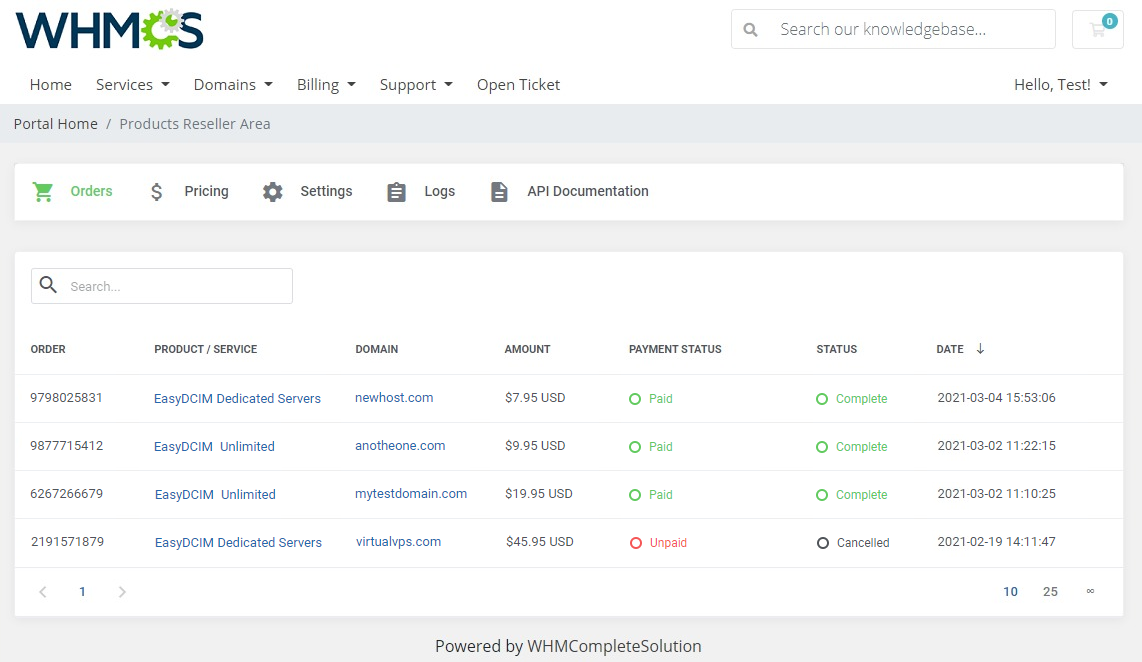 Orders Placed in Reseller Store: WHMCS Products Reseller Module - EasyDCIM Documentation