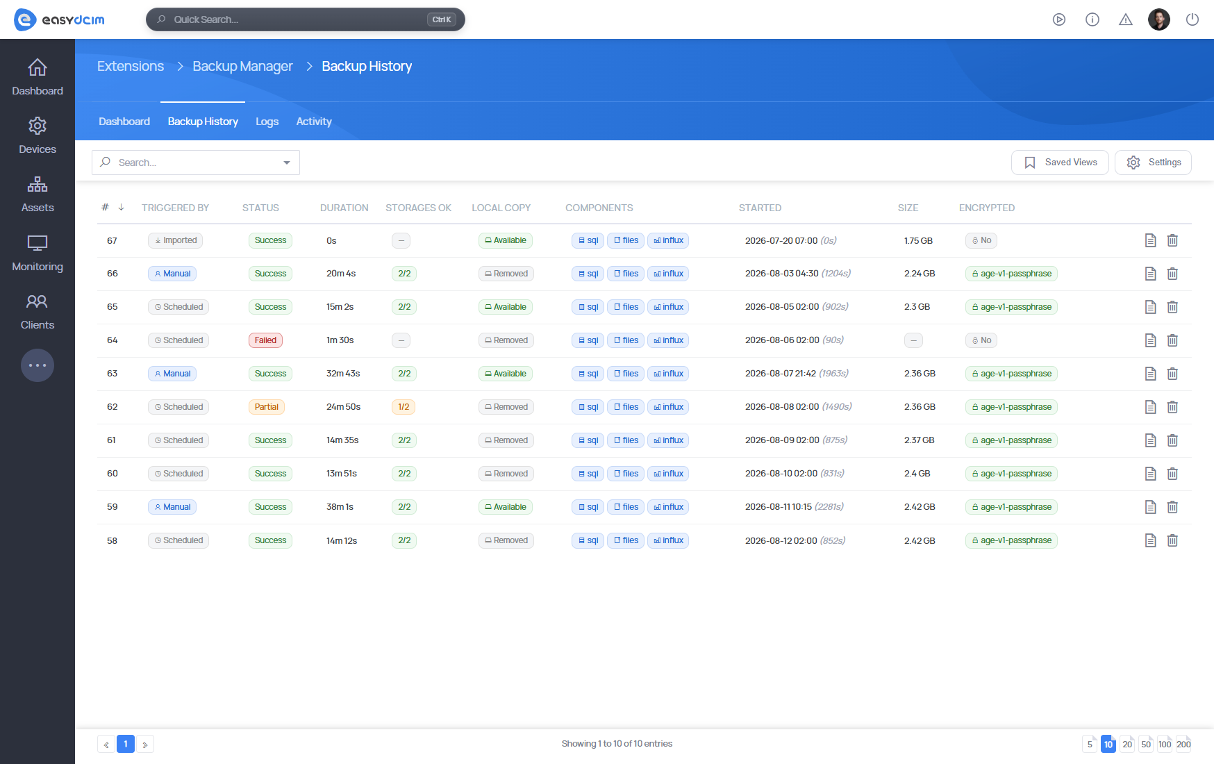 Backup Manager For EasyDCIM Extension - Backup History