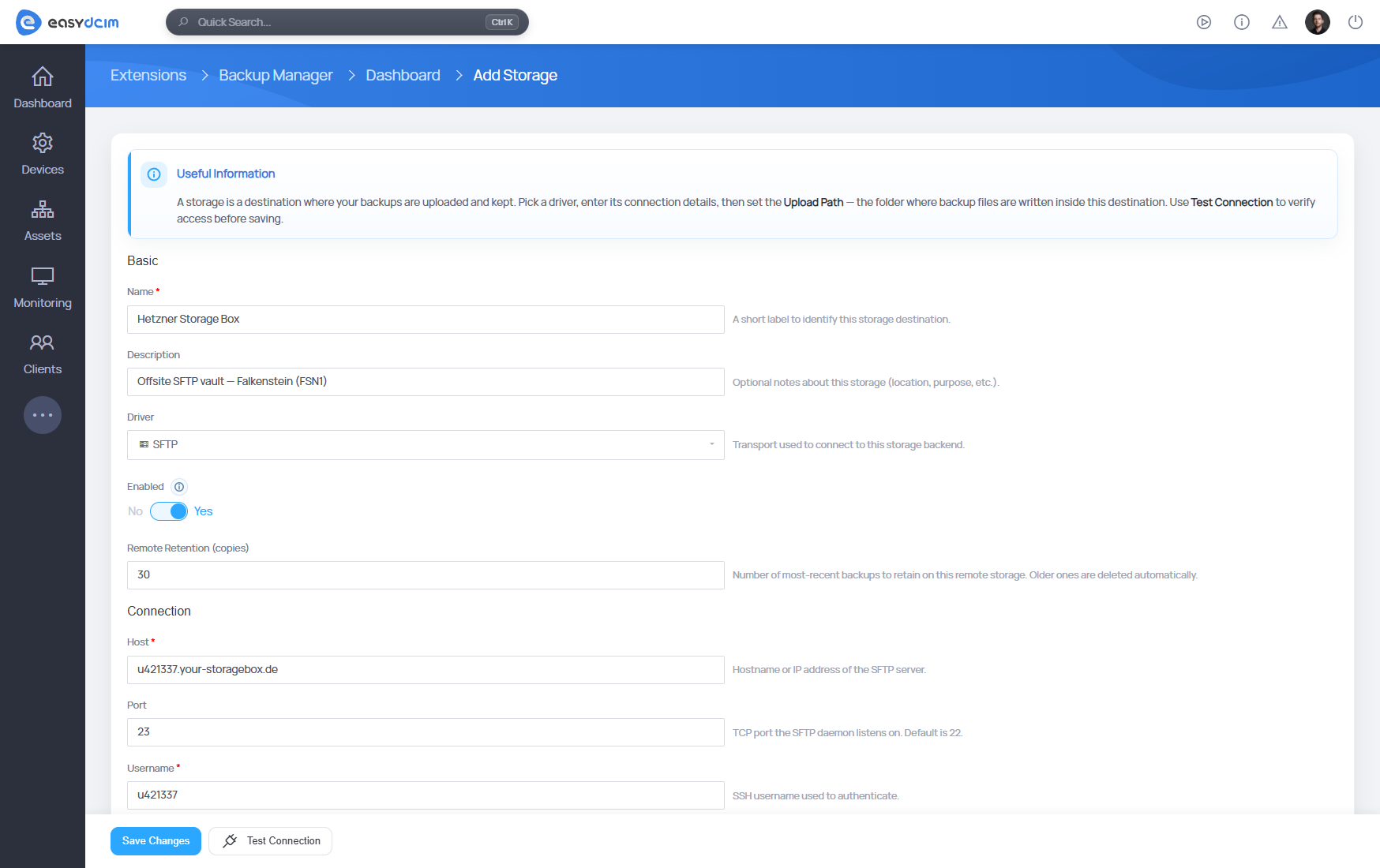 Backup Manager For EasyDCIM Extension - Storage Configuration